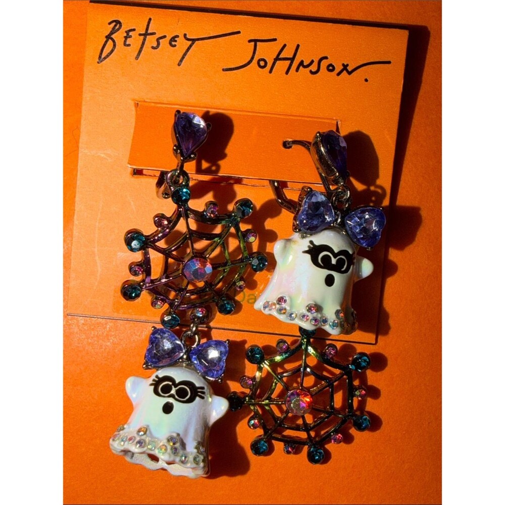 NWT Betsey Johnson Iridescent Ghost & Spiderweb Drop Earrings W/Purple Accents